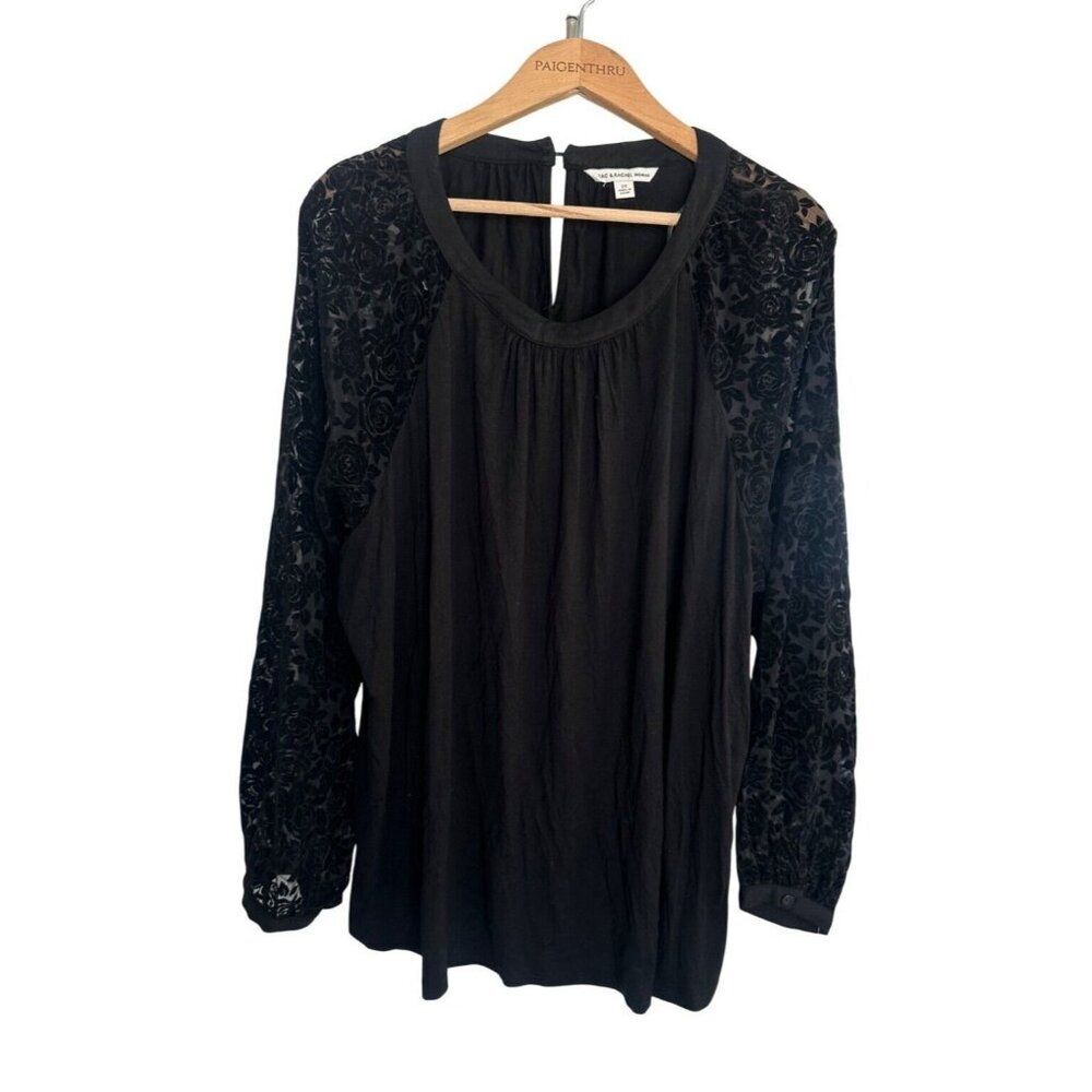 Zac & Rachel Black Velvet Burnout Floral Sleeve Long Sleeve Blouse Top 2x NEW